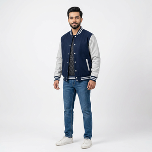 Custom Polyester/Cotton Stand Collar Front Logo Breathable Winter Varsity Baseball <b>Jacket</b> Covered Button Closure for Men-FINER - Product Image 1