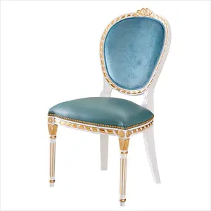 Fransız tarzı mobilya lüks antika yemek odası takımı villa için beyaz ahşap mavi kadife altın folyo yemek sandalyesi