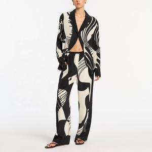 High Quality Womens Silk Pajama Suits Long Sleeve Pyjama for Ladies Printed Homewear Night <strong>Wear</strong> 2 Pcs Sets Casual Shirts - Product Image 1
