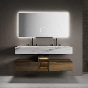 Kabinet mebel kamar mandi kayu polos cokelat grosir kustom bak cuci ganda mewah meja rias kamar mandi - Product Image 2