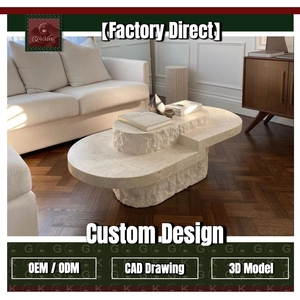 Travertin-Couchtisch Beiger Stein für Wohnzimmer Lounge Maßgefertigt Poliert Organische Form Skulpturales Design - Product Image 1