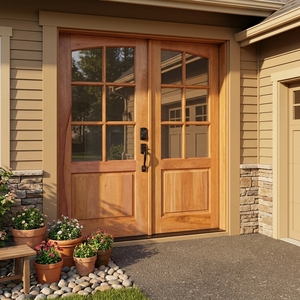 Porte d'entrée double en bois massif de style américain, avec un design cintrée et des panneaux de verre à 6 vitres, équipée d'une serrure intelligente. - Product Image 3