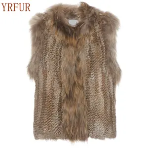 YR787A Top Quality Rabbit Fur Vest with Raccoon Collar