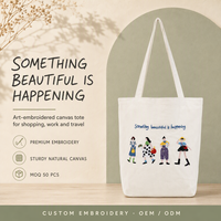 Sacs fourre-tout d'épaule en toile avec slogan artistique et caractères brodés blancs, tailles moyennes/grandes, pour supermarchés et magasins