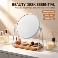 Miroir de maquillage circulaire en acier inoxydable, double face, avec plateau en bois amovible et grossissement, vente en gros