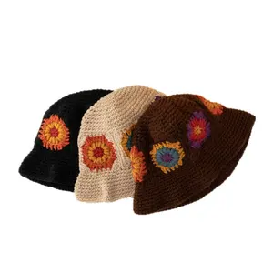 Drop shipping wholesale popular hot sale in stock fashion women colorful summer sport cap crochet flowers handmade bucket hat