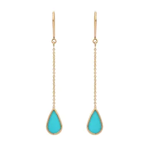 Best Selling Product Natural Turquoise Gemstone Earrings 18K Solid Yellow Gold Shoulder Duster Earrings Jewelry For Women