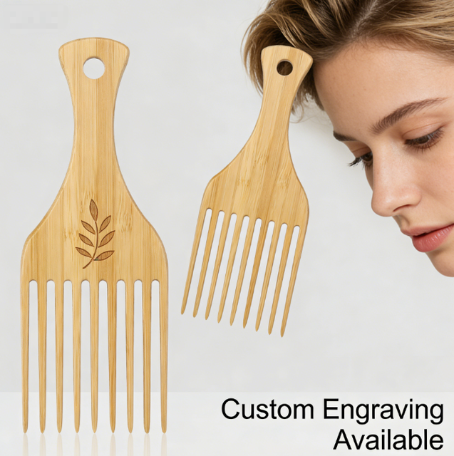 Custom Logo Eco-friendly Natural Bamboo Styling Salon Beard Hair Bamboo Afro Beard Long Tooth Wide Tooth Hair Pick Beard Comb