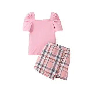 Factory Summer teen beautiful fashion kids clothing plaid newborn baby clothes sets for girls