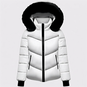 <b>white</b> hooded Long <b>Puffer</b> <b>Jacket</b> with Faux Fur Collar and Drawstring Waist for Women Winter Coat - Product Image 1