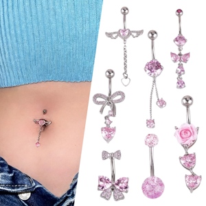 Anneau <span class=keywords><strong>de</strong></span> nombril personnalisé <span class=keywords><strong>en</strong></span> acier inoxydable 316L rose avec double zircon pendante, bijou <span class=keywords><strong>de</strong></span> piercing corporel - Product Image 4
