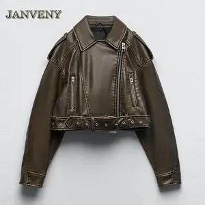 JANVENY 2023 New Autumn Vintage Turn Collar Gradient Zipper Short Coat Women Washed Leather Belt Loose Pu Faux Leather Jacket