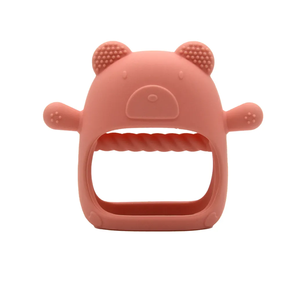 100% de qualité alimentaire sans BPA réutilisable Silicone bébé poignet main anneau de dentition ours forme Silicone apaisant anneau de dentition pour bébé