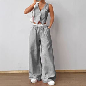 Ensemble deux pièces décontracté pour femme : Gilet rayé sans manches à col en V et pantalon large – Tailles S, M, L, XL, XXL – Bleu – Style Europe et Amérique - Product Image 3