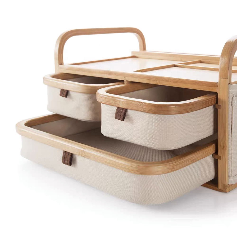 Тканевый Органайзер из ткани Оксфорд с 3 ящиками, деревянный бамбуковый органайзер для макияжа, коробка для хранения косметики для туалетного столика, офиса