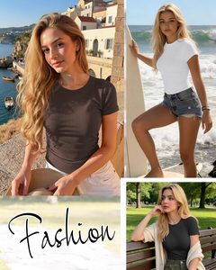 T-<span class=keywords><strong>shirt</strong></span> personnalisé pour <span class=keywords><strong>femme</strong></span>, coupe ajustée, col rond, côtelé, extensible, manches courtes, basique, décontracté, vente en gros OEM - Product Image 2