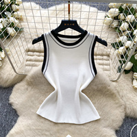 Ensemble haut en tricot sans manches à col rond avec bordure contrastée et mini-jupe moulante pour femme, automne