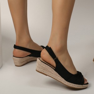 Sandalias de cuña con punta abierta, parte superior sintética, suela de paja, decoración de lazo, zapatos de verano para mujer, con aumento de altura, sin cordones, con tira trasera - Product Image 2