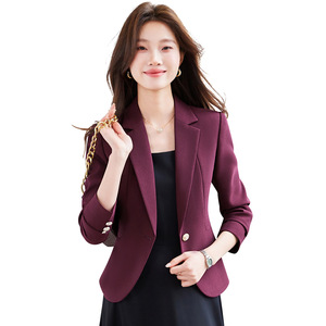 Women's Slim Fit Short Blazer Purple Red Solid Color Professional Suit Jacket For Spring Autumn Wear - Product Image 5