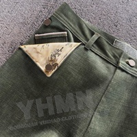 Jean Baggy Vintage Japonais Coupe Droite Large en Denim Selvedge Vert Brut avec Boucle Arrière Personnalisée 16 OZ en Tissu Rouge Sauvage
