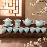 Ensemble de thé chinois en céladon de 13 pièces, boîte cadeau, théière Gaiwan, pichet à thé, 8 tasses, ensemble de thé Gongfu en porcelaine, motif en relief, bord doré, 350 ml