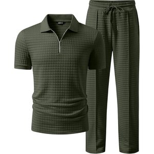 FOXA Mens <b>Waffle</b> Polo <b>Shirt</b> And Pants Set Breathable Casual Loungewear Summer Outfit For Men - Product Image 1