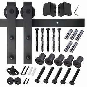 Kit completo de herrajes para puerta corredera de granero de acero negro duradero con acabado satinado industrial para baño, fácil de instalar con tornillos. - Product Image 2