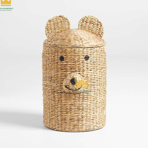 Handmade Modern Water Hyacinth Bear <b>Basket</b> with <b>Handles</b> <b>Wicker</b> Cute Animal Storage Nursery Organizer for Baby Room Bathroom - Product Image 1