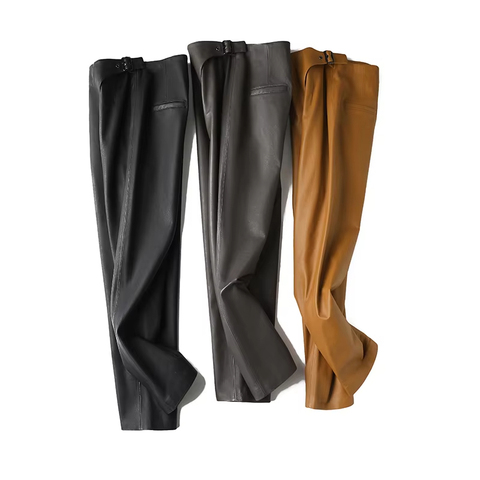 3645 Wholesale Ladies Leather Trouser Fashionable Side Button Black Asymmetry Genuine Leather Pants Women