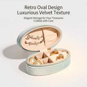 Oval Handmade Velvet Jewelry Storage <b>Box</b> Zipper Closure Portable Travel <b>Box</b> for <b>Earrings</b> Necklace Vintage Luxury Fashionable - Product Image 3