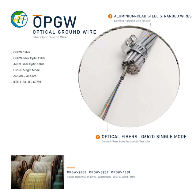 OPGW Aerial Fiber Optic Cable 24 48 Core G652D Single Mode Optic Ground Wire Stainless Steel Tube IEEE 1138 IEC 60794