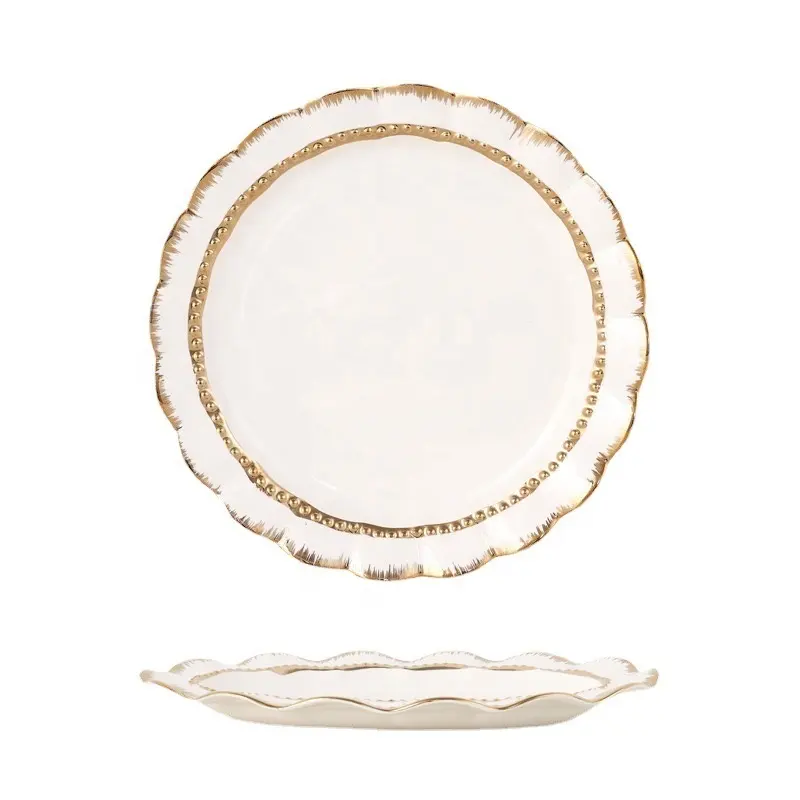 Beliebte nordische Stil Design Porzellan Gold Rand Keramik weiße Platte Set Weiß und Gold