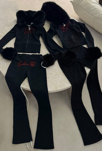 Su misura collo di pelliccia <span class=keywords><strong>Y2k</strong></span> strass due pezzi Zip up con cappuccio e pantaloni a zampillo personalizzato alta ragazza abbigliamento felpa con cappuccio da donna - Product Image 2