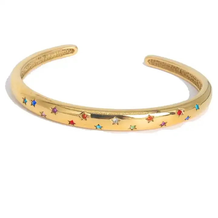 2024 mới hợp thời trang thép không gỉ 18K mạ vàng đầy đủ tinh thể sao lấp lánh Zirconia Cuff Bangle Vòng đeo tay trang sức cho phụ nữ