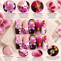 Ongles à presser floraux violets faits à la main, fleurs 3D, accent doré bordeaux, ongles en acrylique, finition brillante, 10 pièces, vente en gros