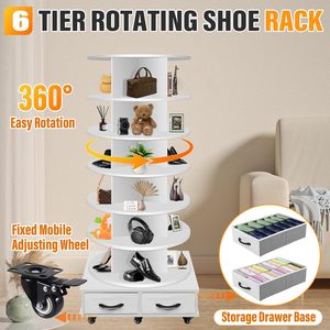 La <span class=keywords><strong>tour</strong></span> rotative <span class=keywords><strong>à</strong></span> 7 niveaux pour chaussures contient 2 tiroirs, 360 supports <span class=keywords><strong>à</strong></span> chaussures tournants, carrousel rond de stockage, équipé de 5 roues - Product Image 2