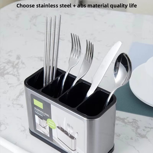 Organisateur d'ustensiles en acier inoxydable de qualité supérieure - Baril moderne et durable avec <span class=keywords><strong>plateau</strong></span> anti-goutte antidérapant - Support à couverts idéal pour comptoir - Product Image 4