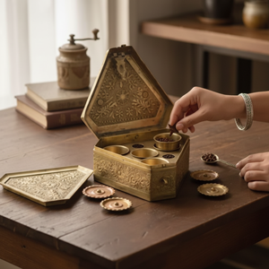 Une boîte triangulaire unique en laiton gravé, ouverte pour montrer de petits bols individuels en laiton utilisés pour diverses épices, préparation de paan. - Product Image 1