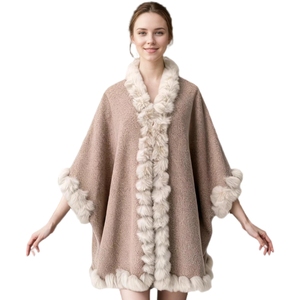 Chales de Piel Sintética de Conejo para Mujer con Ribete de Pelusa, Manga Murciélago Casual, Capa Sólida para Oficina, Trabajo, Hogar y Calle - Product Image 1
