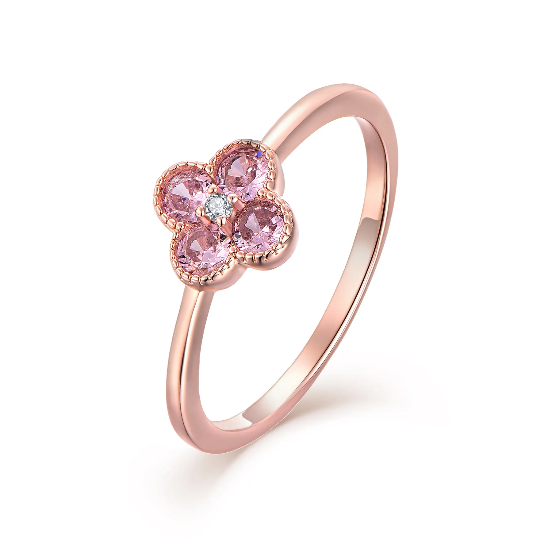 QX Custom OEM Fine Jewelry Luxury Women 18k Rose Gold Plated 925 Sterling Silver Four Leaf Clover Flower Cubic Zircon Ring