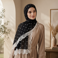 Hijab léger en polyester à pois pour femme, avec une élégante bordure en dentelle à franges, pour un usage quotidien