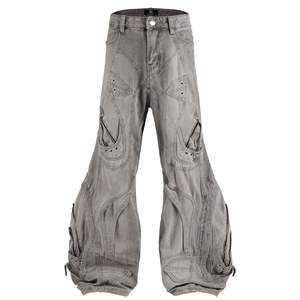 <span class=keywords><strong>Jeans</strong></span> Larghi da <span class=keywords><strong>Donna</strong></span> Personalizzati in Denim di Cotone Scuro Effetto Invecchiato, Vita Alta, Gamba Larga, Stile Retrò Streetwear con Bottoni e Curve - Product Image 1