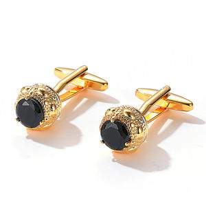 Bijoux fantaisie, boutons de manchette, boutons de manchette pour homme en or rond de luxe sobre de haute qualité, incrustés de pierres de zircon noir - Product Image 1