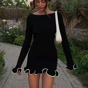 Robe Courte à Manches Longues et Volants Style Européen et Américain, Col Rond, Taille Naturelle, Respirante, Décontractée pour le Quotidien - Product Image 4