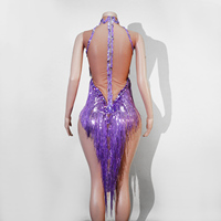 Justaucorps Disco Diva violet électrique à franges de strass pour spectacle de Samba, performance scénique, costume de star pop, Drag Queen, Showgirl