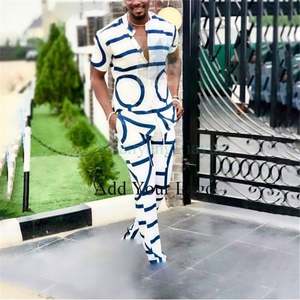 Impresso Camisa dos homens novos 2 Conjuntos de Camisa de Manga Curta + Calças Set Collar Slim Fit Terno Desgaste dos homens Tops Camisas - Product Image 1