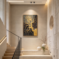 Décoration murale sur toile faite main, paysage abstrait moderne à texture 3D, tableau luxueux arbre de vie à feuille d’or