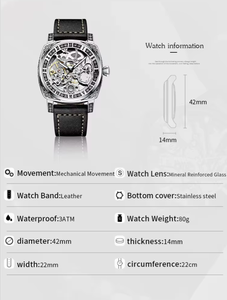 <span class=keywords><strong>Orologio</strong></span> Meccanico <span class=keywords><strong>Vintage</strong></span> con Quadrante Traforato, Movimento Automatico e Cinturino in Pelle per Uomo - Product Image 6