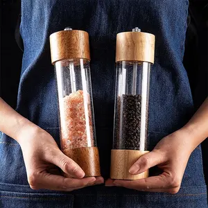 Customized Glass Salt And Pepper Shakers Grinder Wood Top For Travel