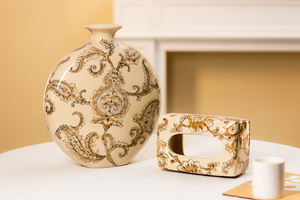 Vase en céramique beige élégant et boîte à mouchoirs, motif floral paisley, accent chinoiserie pour la décoration de la <span class=keywords><strong>maison</strong></span> - Product Image 3